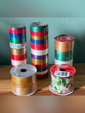 Lot of 5 Christmas Gift Ribbon Rolls Curling & Wire Edge Mixed New Sealed